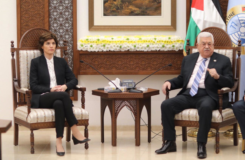 Meretz chairwoman Tamar Zandberg (L) and PA President Mahmoud Abbas (R), March 10th, 2019 (photo credit: ELAD MALKA)