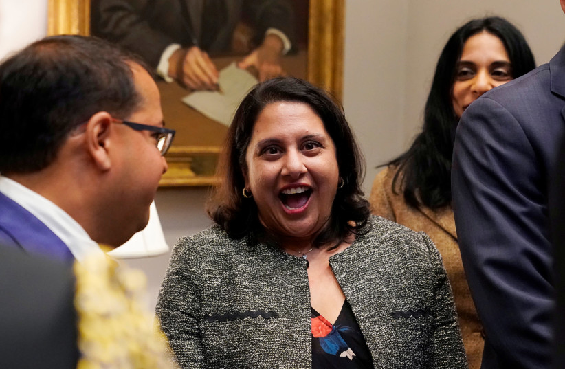Neomi Rao (C), the administrator of the White House Office of Information and Regulatory Affairs, reacts after U.S. President Donald Trump announced that he is nominating her to replace Supreme Court Justice Brett Kavanaugh on the U.S. D.C. Circuit Court of Appeals. (photo credit: JONATHAN ERNST)