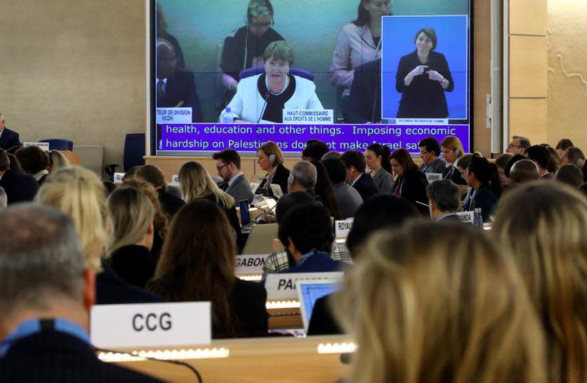 U.N. High Commissioner for Human Rights Michelle Bachelet attends a session of the Human Rights Council at the United Nations in Geneva, Switzerland (photo credit: REUTERS/DENIS BALIBOUSE)