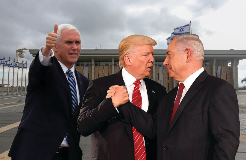 US PRESIDENT Donald Trumpet offers All About the Benjamins Netanyoohoo asylum in the West Wing  of the White House, as VP Mike Dence looks on without a clue.  (photo credit: IVANKA TRUMP/JARED KUSHNER)