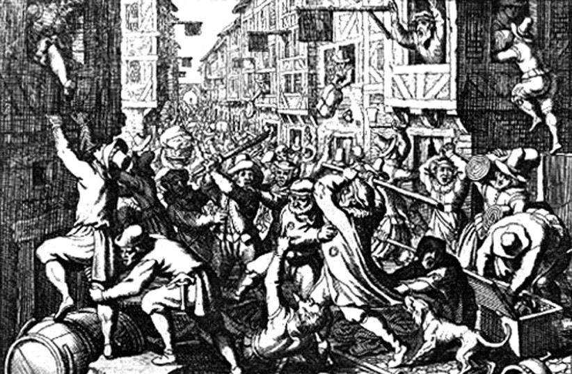 The plundering of the Judengasse during the Fettmilch riot, 22 August 1614. Engraving by Matthäus Merian in 1628 (credit: Wikimedia Commons)