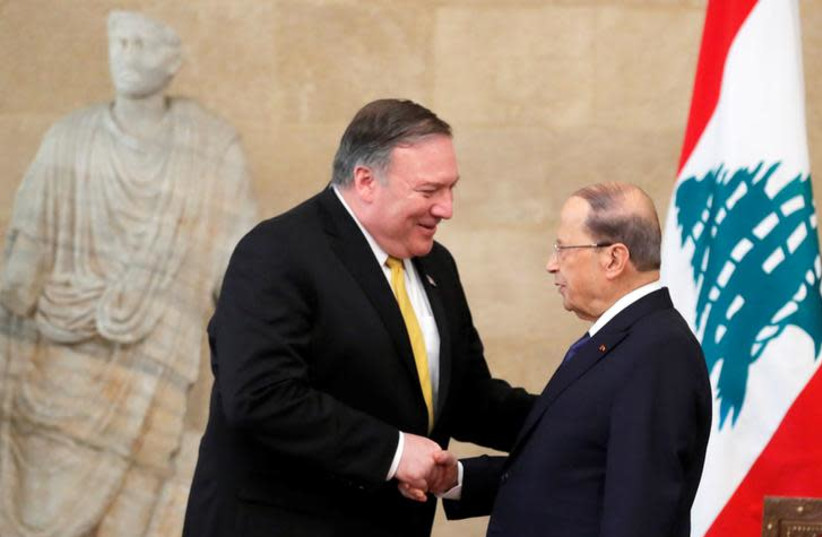 U.S. Secretary of State Mike Pompeo meets with Lebanon's President Michel Aoun at the presidential palace in Baabda, Lebanon March 22, 2019 (photo credit: REUTERS/JIM YOUNG)