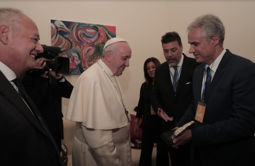 POPE FRANCIS meets with (from left) Jose Maria del Corral, Dario Werthein and Avi Ganon (photo credit: Courtesy)