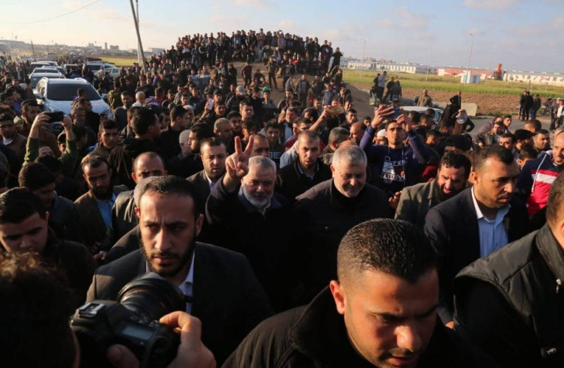 Hamas leader Ismail Haniyeh joins the March of Return protesters along the Gaza border, 2019. (credit: PALESTINIAN MEDIA)