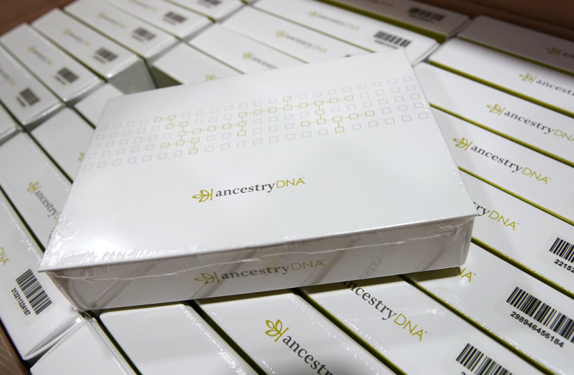 Boxes of Ancestry.com DNA kits sit in a box ready for sale at the 2019 RootsTech annual genealogical event in Salt Lake City, Utah, U.S., February 28, 2019 (photo credit: REUTERS/GEORGE FREY)