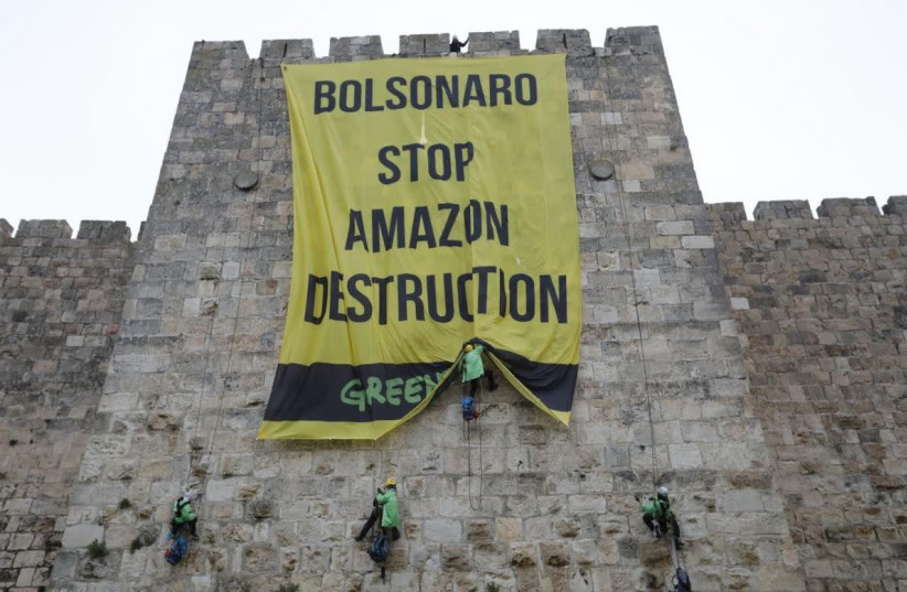 Protesters in Jerusalem call for more protection to the Amazonian rain forest  (photo credit: GREENPEACE)