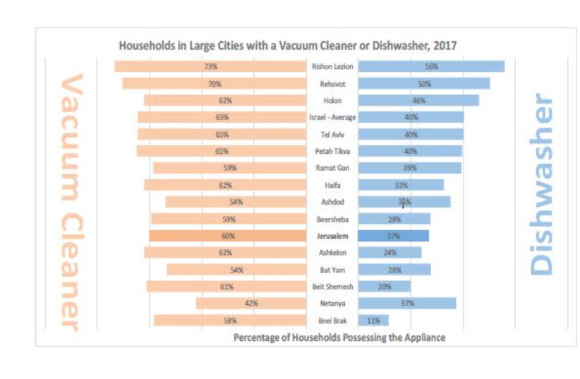 Households in Large Cities with a Vacuum Cleaner or Dishwasher, 2017 (photo credit: JERUSALEM INSTITUTE FOR POLICY RESEARCH)