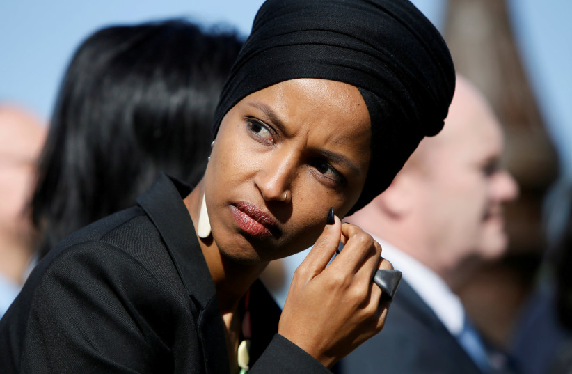 Rep. Ilhan Omar (D-MN) participates in a news conference outside the U.S. Capitol in Washington, US, April 10, 2019 (photo credit: JIM BOURG/ REUTERS)