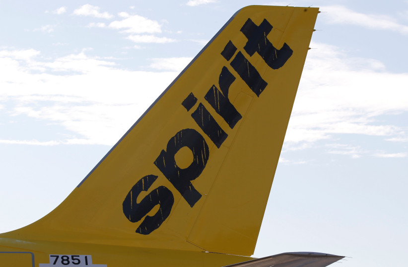 A logo of low cost carrier Spirit Airlines is pictured on an Airbus plane in Colomiers near Toulouse (photo credit: REGIS DUVIGNAU/REUTERS)