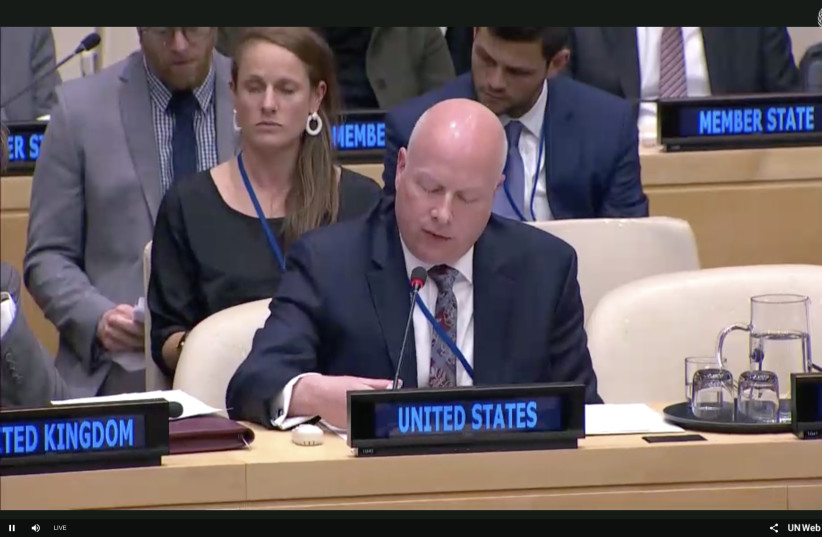 US special envoy Jason Greenblatt at the UNSC Arria-formula meeting in New York (photo credit: SCREEN CAPTURE/UN WEB TV)