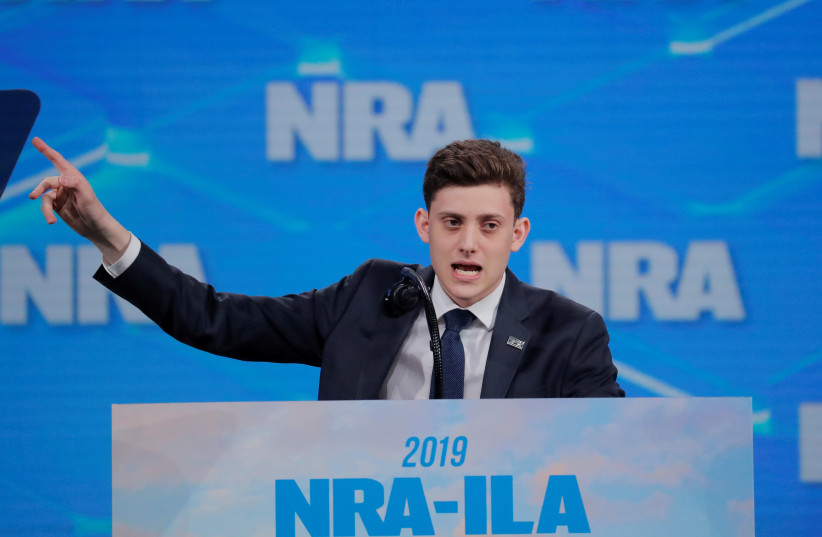 Activist Kyle Kashuv addresses the 148th National Rifle Association (NRA) annual meeting in Indianapolis, Indiana (photo credit: LUCAS JACKSON/REUTERS)