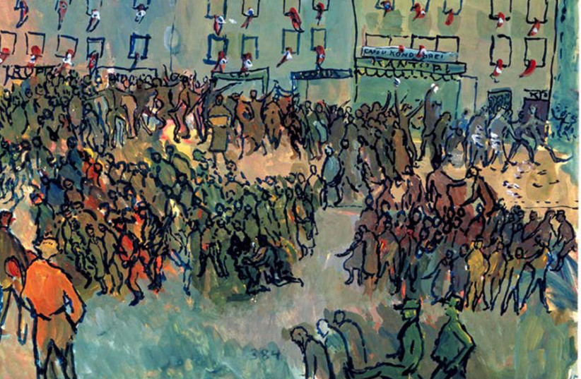 THE PAINTING ‘Kristallnacht,’ painted by German-Jewish artist Charlotte Salomon in the early 1940s, before she was deported and murdered in Auschwitz. (credit: Wikimedia Commons)