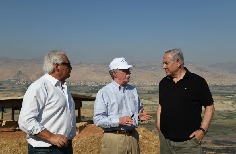 Prime Minister Benjamin Netanyahu visits the North of Israel with US Ambassador David Friedman and National Security Advisor John Bolton, June 23, 2019 (photo credit: KOBI GIDON / GPO)