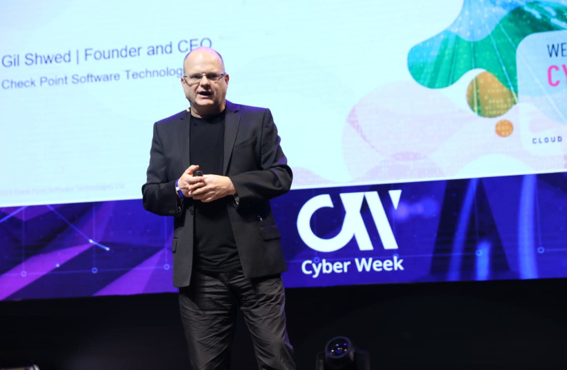 Check Point Software CEO and founder Gil Shwed addresses the Cyber Week Tel Aviv University Conference, June 26, 2019 (photo credit: CHEN GALILI)
