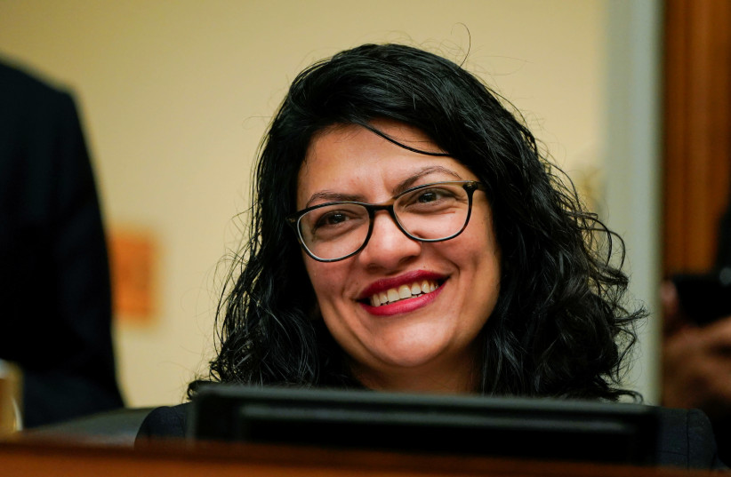 Rep. Rashida Tlaib (D-MI) listens to testimony during a hearing of the Civil Rights and Civil Liberties Subcommittee on "Confronting White Supremacy (Part I): The Consequences of Inaction" on Capitol Hill in Washington, U.S., May 15, 2019 (photo credit: JOSHUA ROBERTS / REUTERS)
