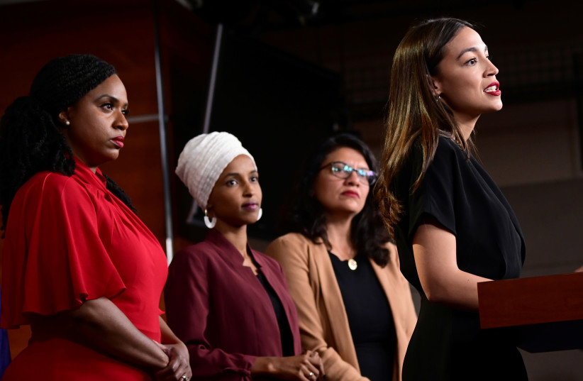 U.S. Reps Ayanna Pressley (D-MA), Ilhan Omar (D-MN), Rashida Tlaib (D-MI) and Alexandria Ocasio-Cortez (D-NY) hold a news conference after Democrats in the U.S. Congress moved to formally condemn President Donald Trump's attacks on the four minority congresswomen on Capitol Hill in Washington, U.S., (photo credit: ERIN SCOTT/REUTERS)