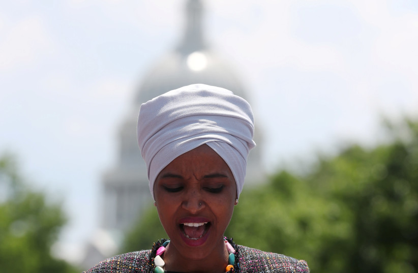 U.S. Representative Ilhan Omar (D-MN) addresses a small rally on immigration rights at the temporary installation of a replica of the Statue of Liberty at Union Station in Washington, U.S. May 16, 2019 (photo credit: JONATHAN ERNST / REUTERS)