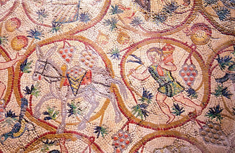 MOSAICS, like this one from Beit She’an, can provide insight into winemaking in ancient times. (photo credit: DANI KRONENBERG / THE ISRAEL ANTIQUITIES AUTHORITY)