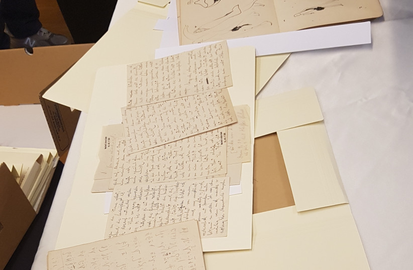  Some of the never-before seen sketches, Hebrew notebooks and other items belonging to famous Jewish author Franz Kafka that were revealed by the National Library of Israel on Wednesday (photo credit: ILANIT CHERNICK)
