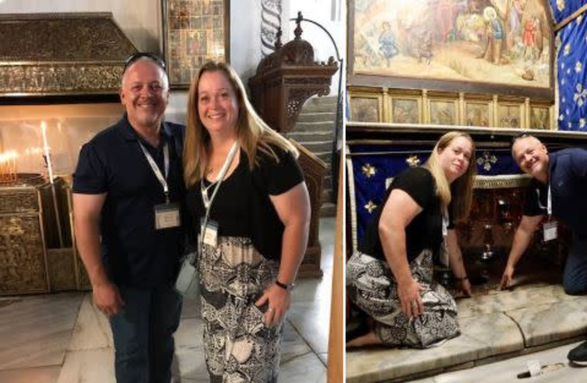 Congressman Denver Riggleman and wife, Christine, at the Church of Nativity (photo credit: SCREENSHOT FROM TWITTER)