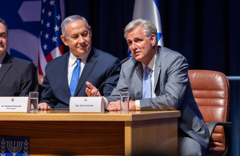 Then-house minority Leader Kevin McCarthy with Israeli Prime Minister Benjamin Netanyahu (credit: CALEB SMITH/LEADER MCCARTHY’S OFFICE)