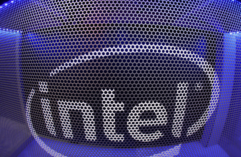Computer chip maker Intel's logo is shown on a gaming computer display during the opening day of E3, the annual video games expo revealing the latest in gaming software and hardware in Los Angeles (photo credit: MIKE BLAKE/ REUTERS)