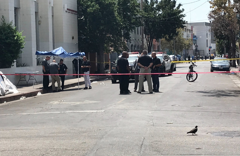 Four were wounded in a shooting at 5th and San Julian streets in downtown Los Angeles, Calif. on Thursday, Aug. 22, 2019 (photo credit: JAMES QUEALLY/LOS ANGELES TIMES/TNS)