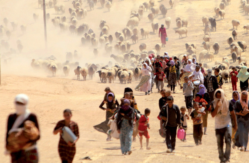Displaced Yazidis fleeing ISIS in Sinjar walk toward the Syrian border in August 2014 (credit: RODI SAID / REUTERS)