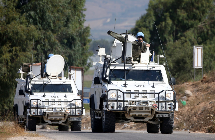 UN peacekeepers (UNIFIL) patrol the border with Israel, in the village of Khiam, Lebanon August 26, 2019.  (photo credit: REUTERS/ALI HASHISHO)