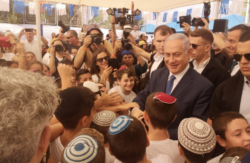 Prime Minister Benjamin Netanyahu visits Elkana on the first day of the school year, September 1, 2019 (photo credit: Courtesy)