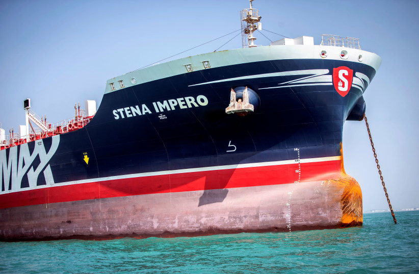 Stena Impero, a British-flagged vessel owned by Stena Bulk, is seen at undisclosed place off the coast of Bandar Abbas, Iran August 22, 2019 (credit: NAZANIN TABATABAEE YAZDI/ TIMA VIA REUTERS)