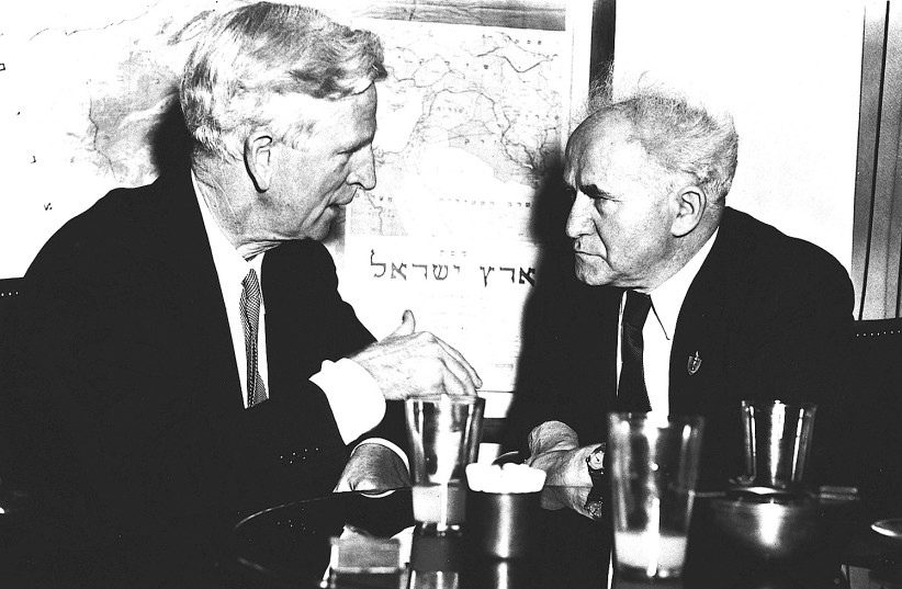PRIME MINISTER David Ben-Gurion meets with US envoy to Israel James McDonald in 1948. The IDF had hardly been in Sinai a week when Ben-Gurion ordered a full retreat (photo credit: US HOLOCAUST MEMORIAL MUSEUM)