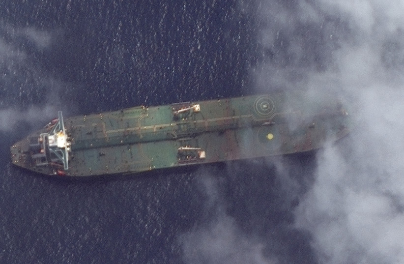 An oil tanker off the coast of Tartus, Syria (photo credit: MAXAR TECHNOLOGIES/HANDOUT VIA REUTERS)