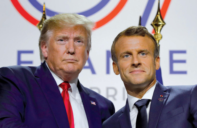 French President Emmanuel Macron (right) and President Donald Trump tout a US-Iranian summit as they address a joint news conference on August 26 at the end of the G7 summit in Biarritz, France (photo credit: PHILIPPE WOJAZER / REUTERS)