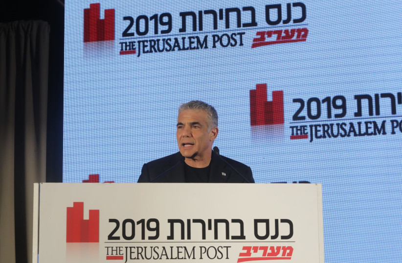 Blue and White co-candidate for prime minister Yair Lapid speaks speaks at the The Jerusalem Post-Ma'ariv Elections Conference, September 11 2019  (photo credit: MARC ISRAEL SELLEM)