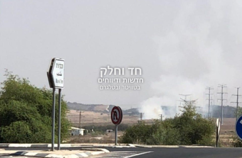 A rocket fired from the Gaza Strip falls near the town of Yad Mordechai. September 11, 2019 (photo credit: HAD V'HEILEK CHANNEL ON TELEGRAM AND TWITTER)