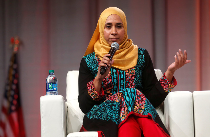 Zahra Billoo, Executive Director, Council on American Islamic Relations (San Francisco) addresses the audience during a panel discussion titled 'Dismantling All Forms Of Oppression' during the three-day Women's Convention at Cobo Center in Detroit, Michigan, U.S., October 28, 2017 (photo credit: REUTERS/REBECCA COOK)