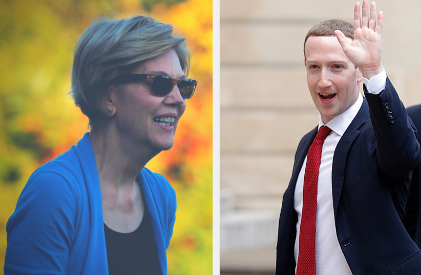 Democratic candidate Elizabeth Warren and Facebook Inc Chief Executive Officer Mark Zuckerberg (photo credit: REUTERS)