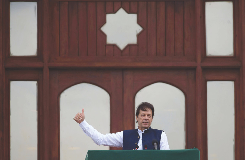 PAKISTAN’S PRIME MINISTER Imran Khan speaks in Islamabad earlier this year – no ties with Israel seem imminent (photo credit: REUTERS)
