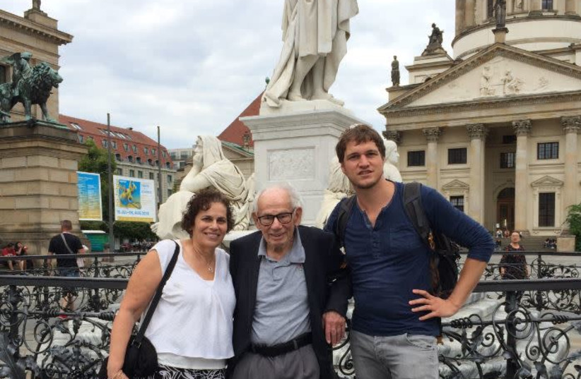 FROM LEFT to right: Alina Tugend,  Tom Tugend and Dr. Benjamin Kuntz pose at Berlin’s central Gendarmenmarkt (photo credit: Courtesy)