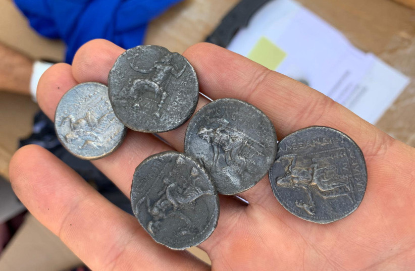 Ancient Hellenistic coins caught being smuggled from Gaza into Israel, October 8 2019 (photo credit: MINISTRY OF DEFENSE SPOKESPERSON'S OFFICE)