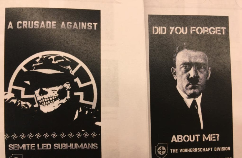 Antisemitic posters found on Temple Emanuel in Grand Rapids, MI (photo credit: EDIE LANDMAN)