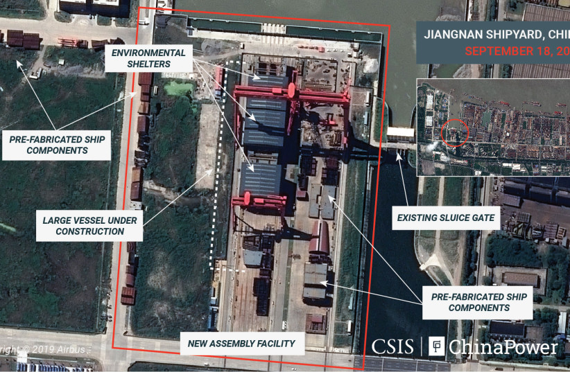 A satellite image shows parts for an aircraft carrier under construction at Jiangnan Shipyard in Shanghai, China September 18, 2019 (photo credit: CSIS/CHINAPOWER/AIRBUS 2019/HANDOUT VIA REUTERS)