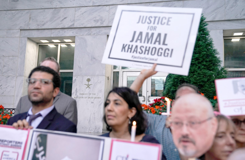 The committee to protect Journalists outside the Saudi Embassy in Washington on October 2 2019 marking one year to the killing of Jamal Khashoggi  (photo credit: SARAH SILBIGER/ REUTERS)