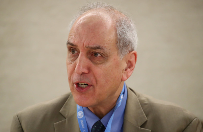 Michael Lynk, Special Rapporteur on the situation of human rights in Palestinian territories, attends a session of the Human Rights Council at the United Nations in Geneva, Switzerland, March 18, 2019 (photo credit: REUTERS/DENIS BALIBOUSE)