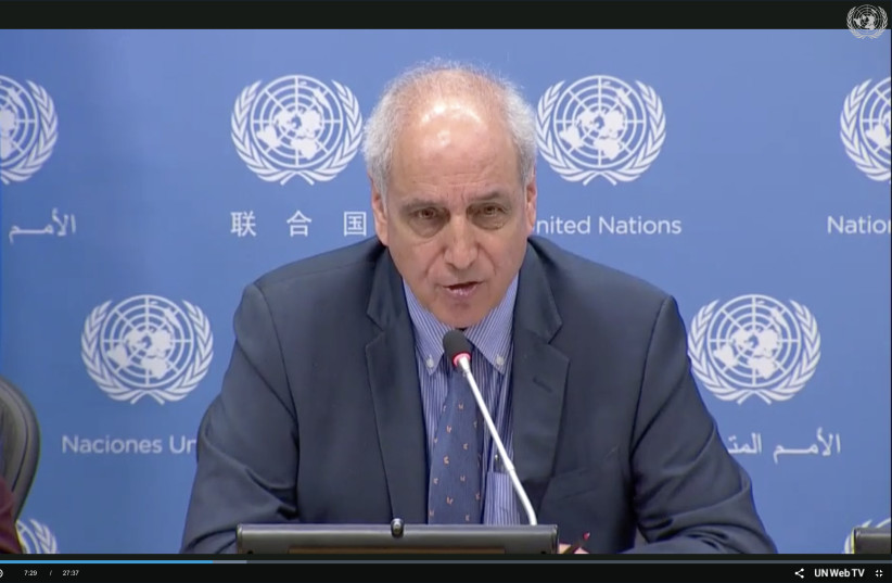 Michael Lynk, UN Special Rapporteur on the situation of human rights in the Palestinian territories, speaks with reporters in New York (credit: SCREENSHOT UN WEB TV)