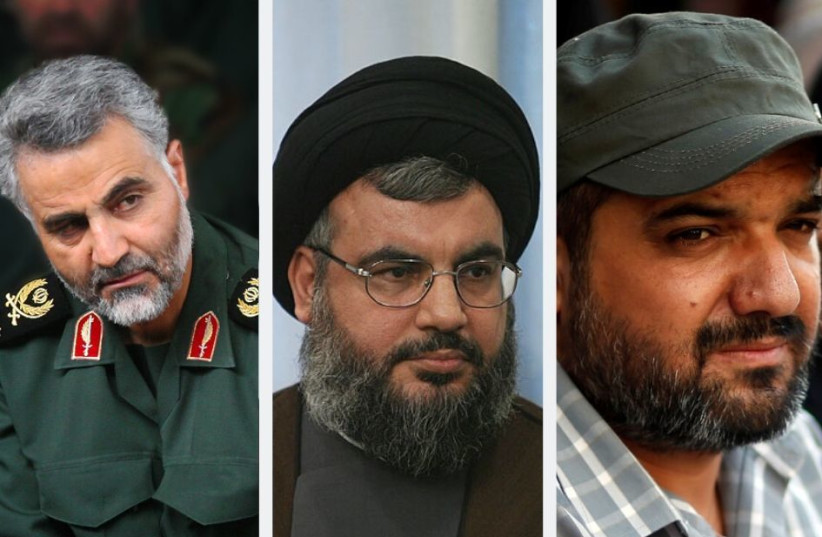 IRGC commander Qassem Soleimani (L), Hezbollah leader Hassan Nasrallah (C), Palestinian Islamic Jihad head, Baha Abu al-Ata (R) (photo credit: REUTERS/WIKIMEDIA COMMONS)