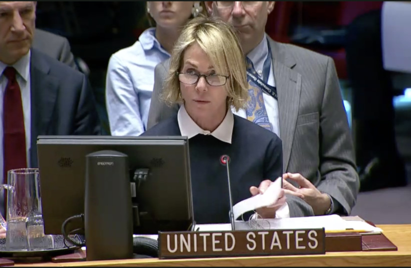 US Ambassador to the UN Kelly Craft speaks to the United Nations Security Council, October 28 2019 (photo credit: screenshot)