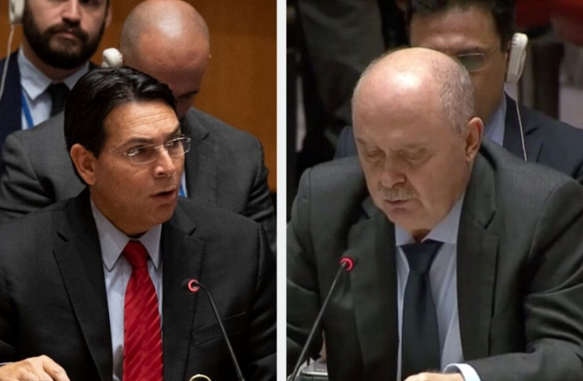 Israeli Ambassador to the UN, Danny Danon, and Turkish envoy to the UN, Feridun Sinirlioglu, clashed at the meeting of the Security Council, October 28 2019 (photo credit: JERUSALEM POST)