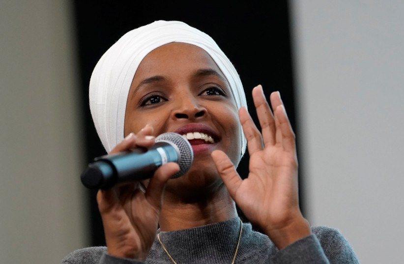 U.S. Rep Ilhan Omar (D-MN) takes part in a discussion on "Impacts of Phobia in Our Civic and Political Discourse" during the Muslim Caucus Education Collective’s conference in Washington, U.S., July 23, 2019 (photo credit: REUTERS/KEVIN LAMARQUE)